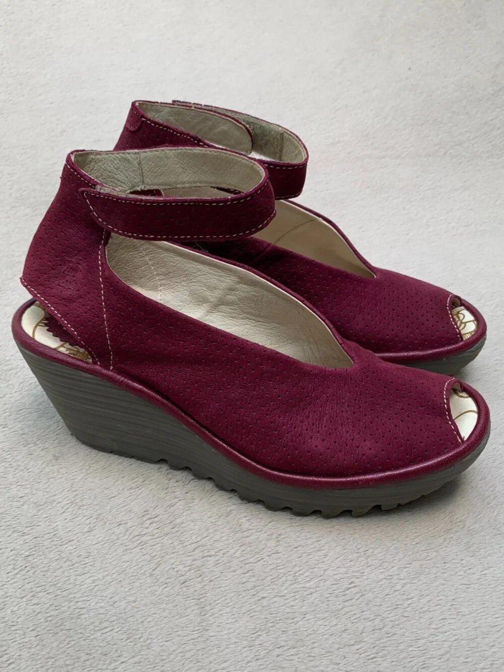 Fly London Yala Ankle Strap Suede Peep Toe Platform Wedge Sandals Sz38